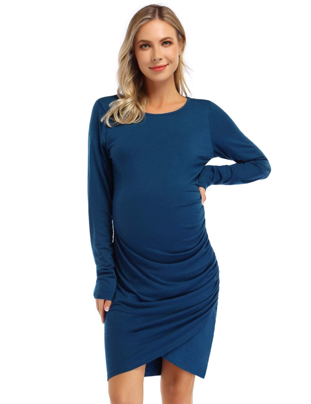 GymChoice Womens Maternity Dress,Casual Ruched Long Sleeve Irregular ...