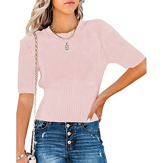 GymChoice Womens Short Sleeve Sweaters Tops Crewneck Ribbed Pullover Shirt Soft Slim Fit Knit Sweater Blouse Apricot