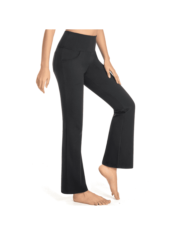 GymCope Flare Leggings for Women, Tummy Control Workout Yoga Pants with Pockets, Black, US Size L