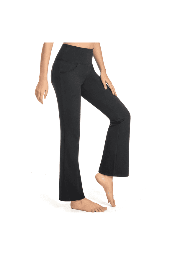 GymCope Flare Leggings for Women, Tummy Control Workout Yoga Pants with Pockets, Black, US Size S