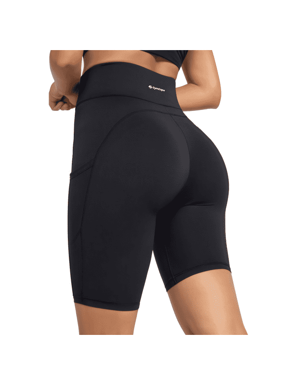 Womens 8" High Waist Yoga Shorts for Women Athletic Biker Shorts Workout Shorts Tummy Control Deep Pockets, Black, L