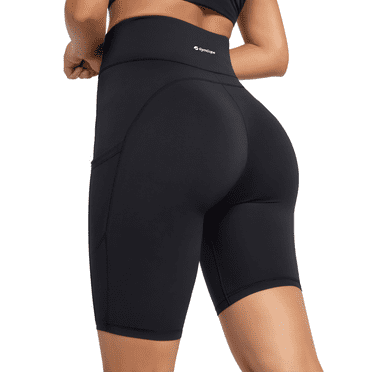 GymCope Womens 8" High Waist Yoga Shorts for Women Athletic Biker Shorts Workout Shorts Tummy Control Deep Pockets, Black, L