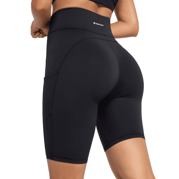 GymCope Womens 8" High Waist Yoga Shorts for Women Athletic Biker Shorts Workout Shorts Tummy Control Deep Pockets, Black, L