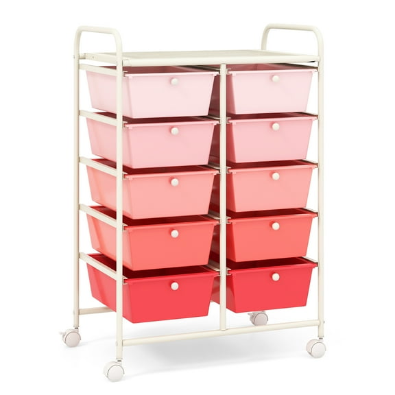 Gymax 10-Drawer Rolling Storage Cart Tools Scrapbook Paper Organizer on Wheels Pink Gradient