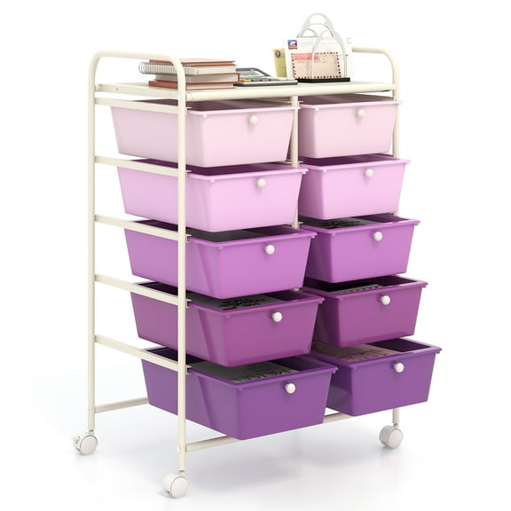 Gymax 10-Drawer Storage Cart Utility Rolling Trolley Kitchen Organizer Purple