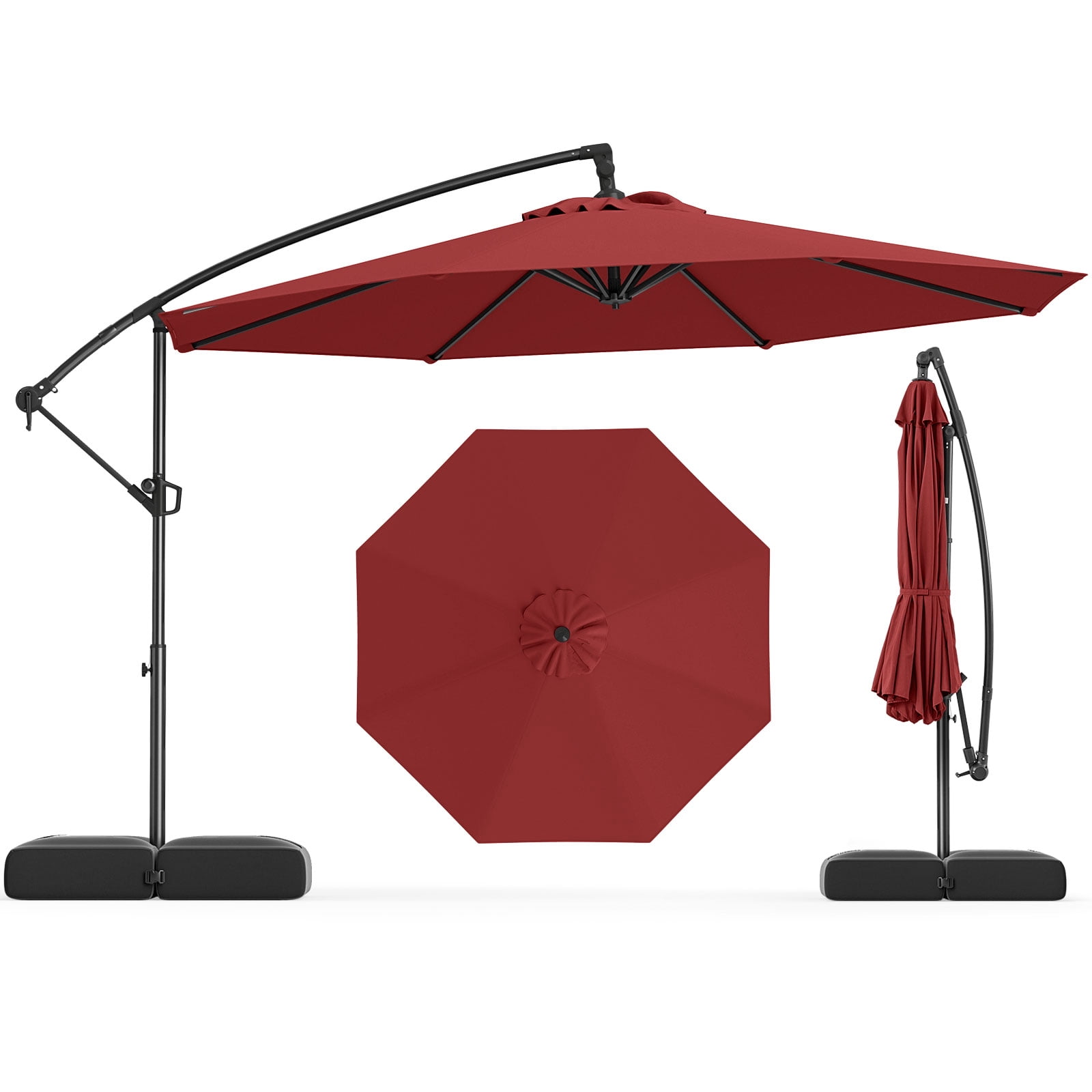 Gymax 10 FT Offset Hanging Umbrella with Base Patio Cantilever Umbrella w/ Infinite Tilt Red