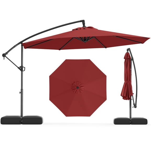 Gymax 10 FT Offset Hanging Umbrella with Base Patio Cantilever Umbrella w/ Infinite Tilt Red