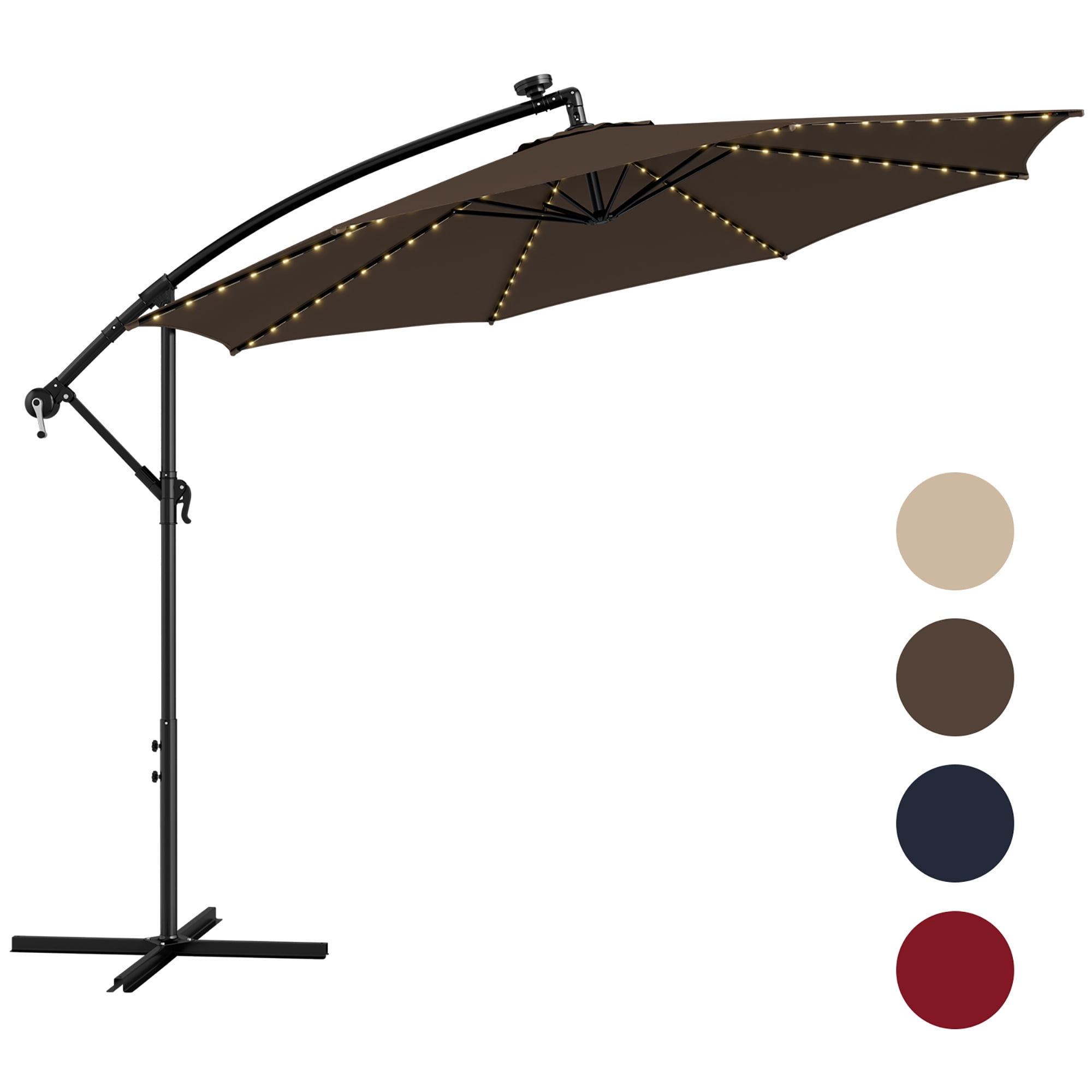 Gymax 10 FT Offset Patio Umbrella Solar Powered Cantilever Umbrella w/ 112 LED Lights Coffee