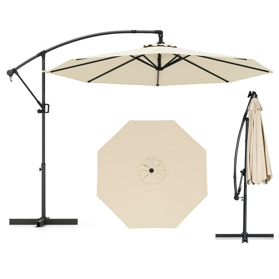 Gymax 10 FT Patio Offset Umbrella w/ X-shaped Base Infinite Tile & 360° Rotation Beige