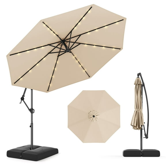 Gymax 10 FT Solar Offset Hanging Umbrella Patio Cantilever Umbrella w/ 32 LED Lights Beige