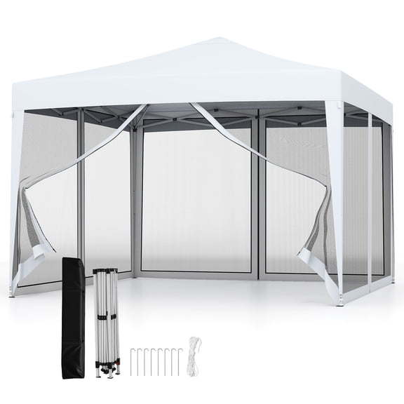 Gymax 10 FT x 10 FT Pop-Up Canopy Tent w/ Mesh Netting Carry Bag 8 Stakes & 4 Ropes Outdoor White