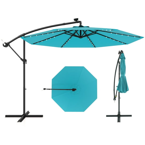 Gymax 10 Ft Solar LED 40 Lights Offset Umbrella Crank Cross Base Patio Turquoise