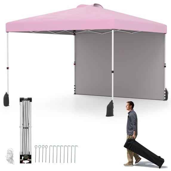 Gymax 10 X 10 FT Pop up Canopy Tent w/ 1 Sidewall Wheeled Bag 8 Stakes & 4 Wind Ropes Pink
