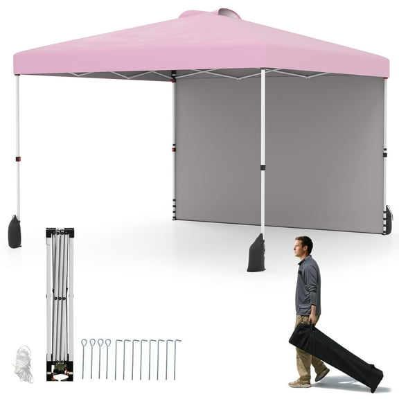 Gymax 10 X 10 FT Pop up Canopy Tent w/ 1 Sidewall Wheeled Bag 8 Stakes & 4 Wind Ropes Pink