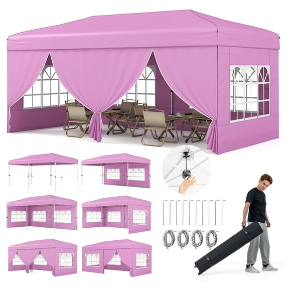 Gymax 10 X 20 FT Pop up Canopy Tent w/ 6 Sidewalls Wheeled Bag 6 Sandbags 10 Stakes Pink