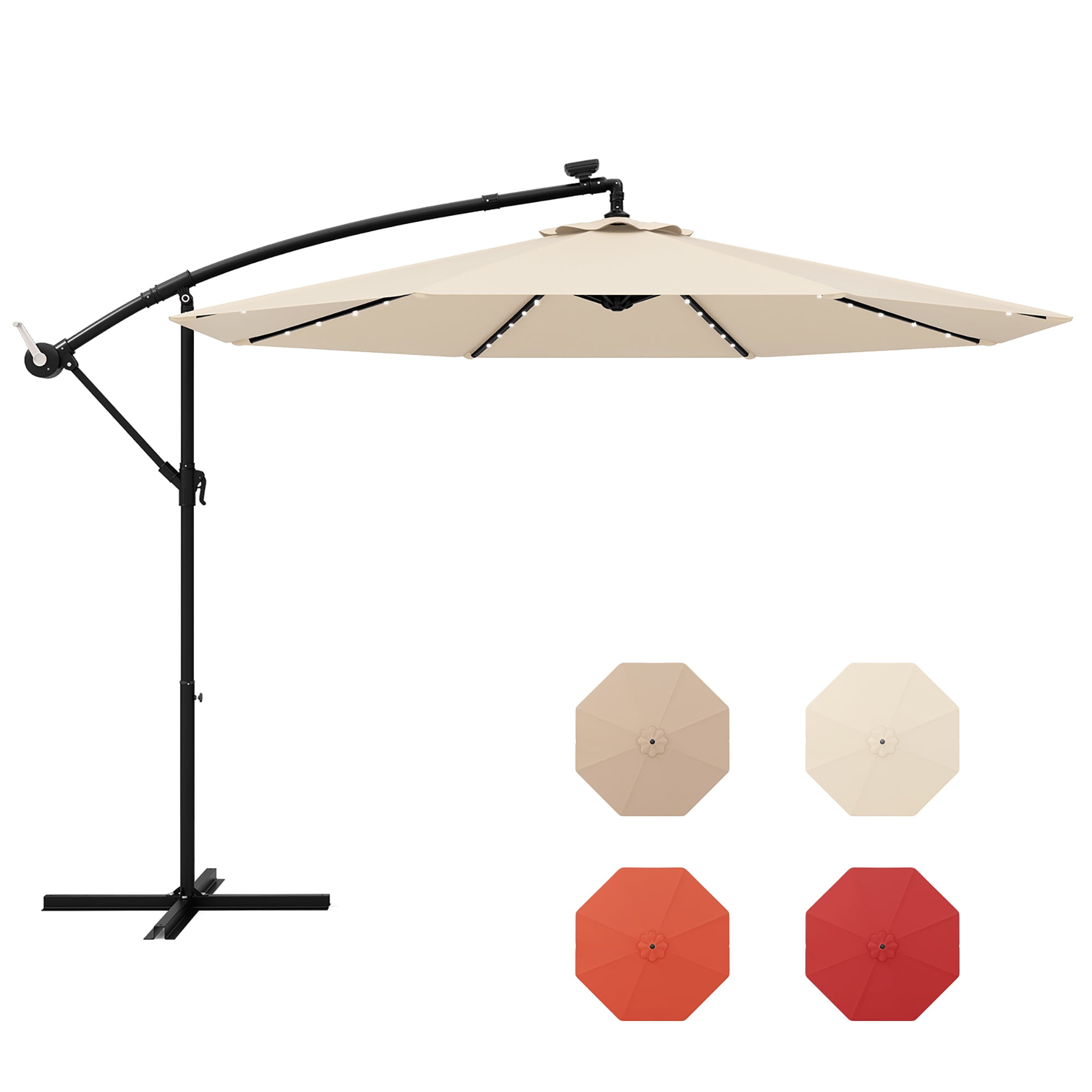 Gymax 10 ft Patio Offset Umbrella w/ Solar Lights Deck Umbrella w/ Easy Tilt Adjustment Beige