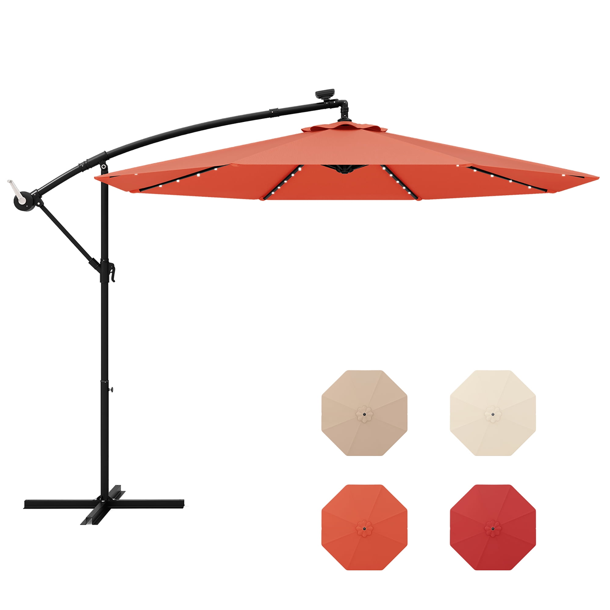 burnt orange patio umbrella with solar lights 10ft LED Offset Hanging Market Umbrella(orange )(No Base) You dont need to close your patio umbrella the moment the Sun goes down Gymax 10 ft Patio Offset