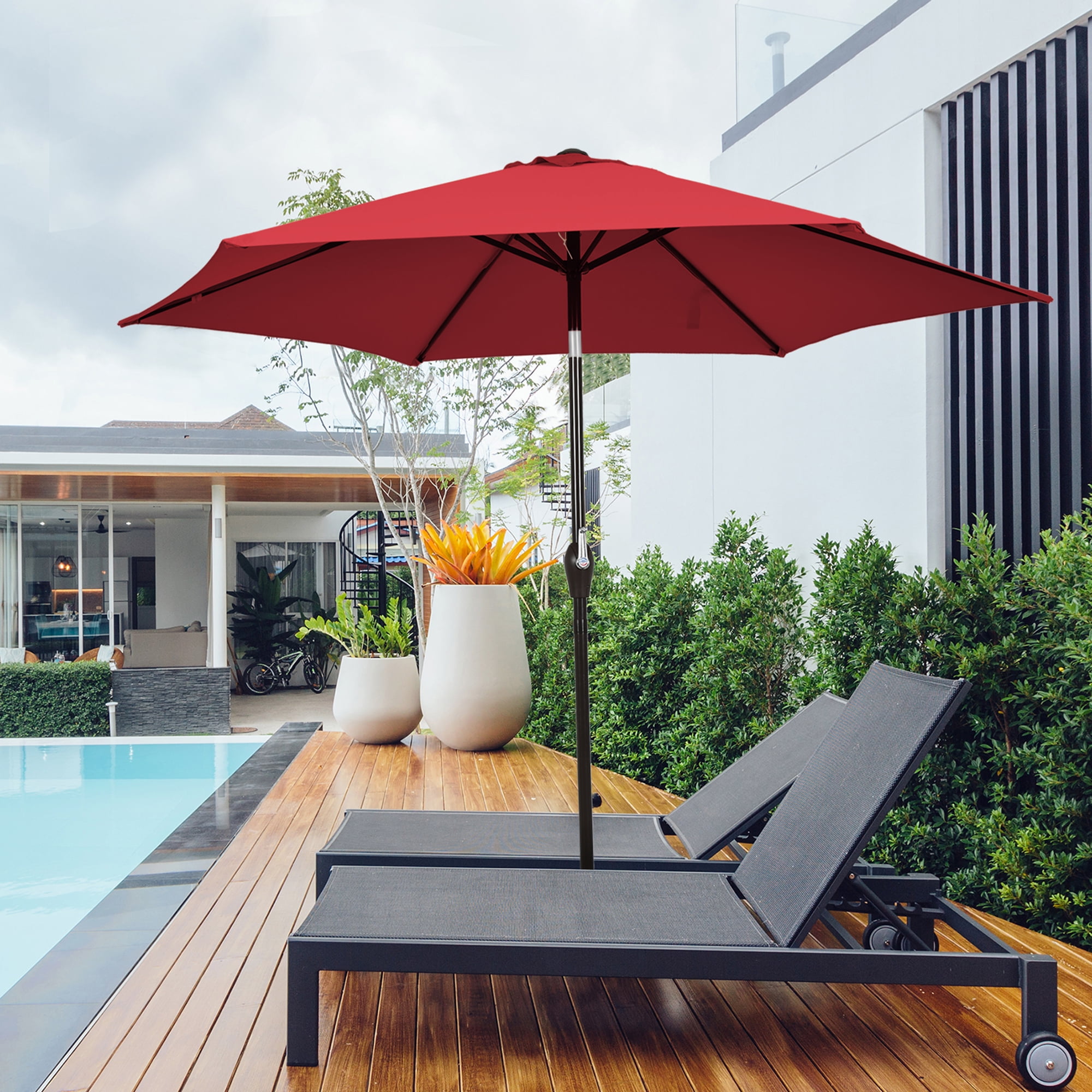Gymax 10 ft Patio Umbrella Market Table Umbrella Yard Outdoor w/ 6 Ribs Burgundy
