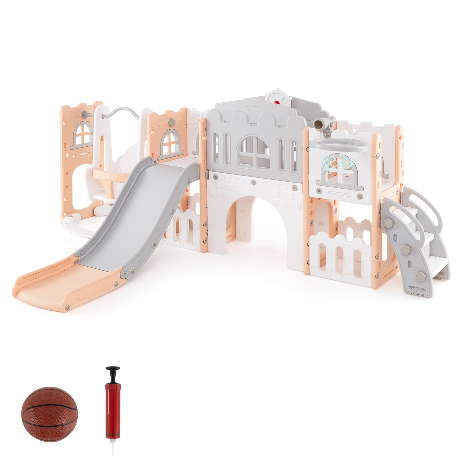 Gymax 10 in 1 Toddler Swing & Slide Set w/Basketball Hoop Telescope Storage Space Gray