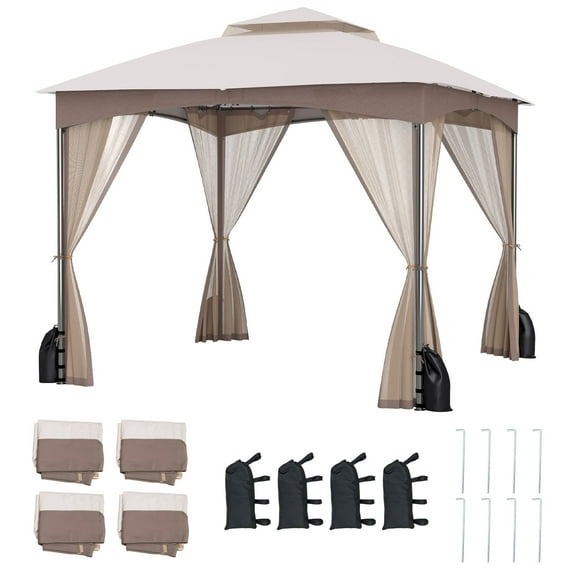 Gymax 10 X 10 FT Patio Gazebo w/ Netting Walls Soft Top Double Roof Canopy w/ 4 Sandbags Outdoor Gray