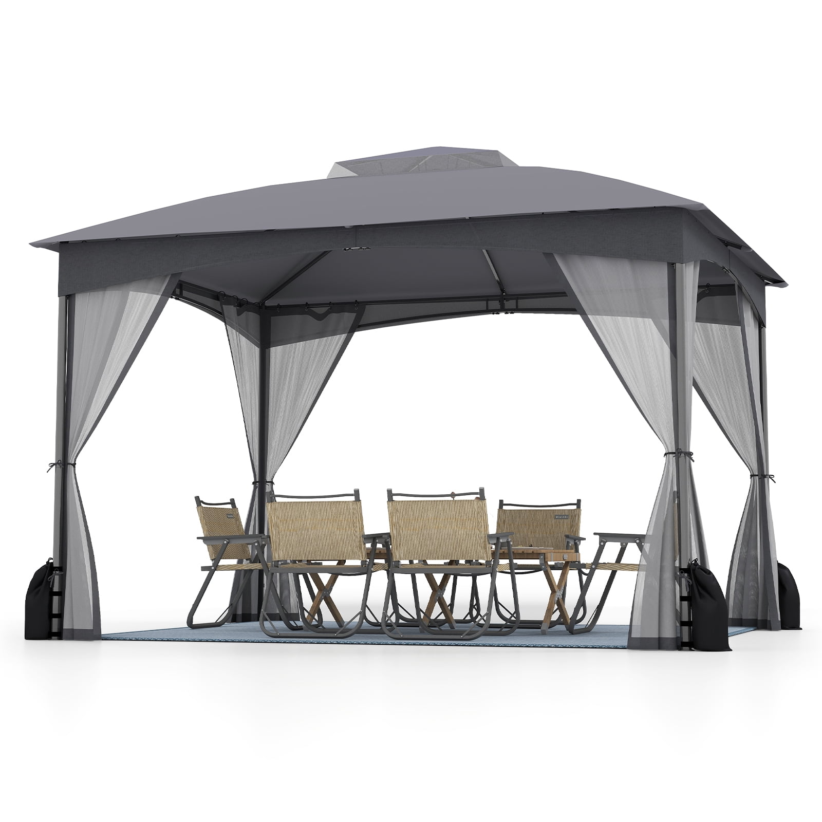 Gymax 10 x 12 FT Patio Gazebo w/ Netting Walls Soft Top Double Roof Canopy w/ 4 Sandbags