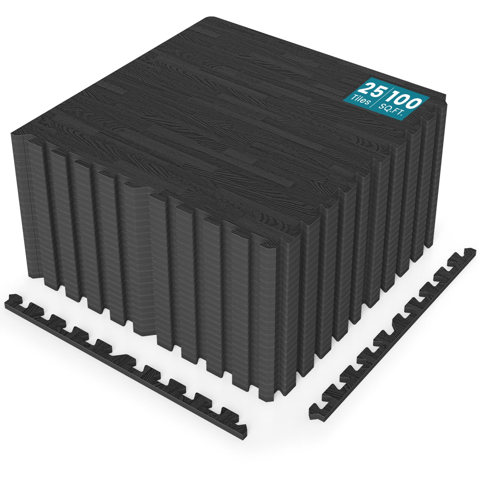 Gymax 100 Sq. Ft. Wood Grain Puzzle Mats 25-Pack EVA Foam Interlocking Floor Tiles Black