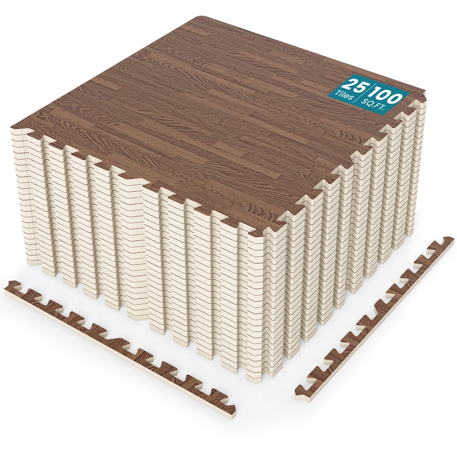 Gymax 100 Sq. Ft. Wood Grain Puzzle Mats 25-Pack EVA Foam Interlocking Floor Tiles Brown