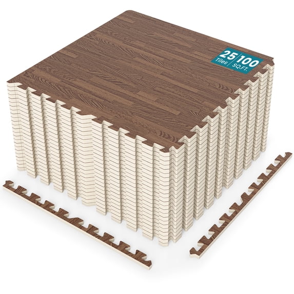 Gymax 100 Sq. Ft. Wood Grain Puzzle Mats 25-Pack EVA Foam Interlocking Floor Tiles Brown