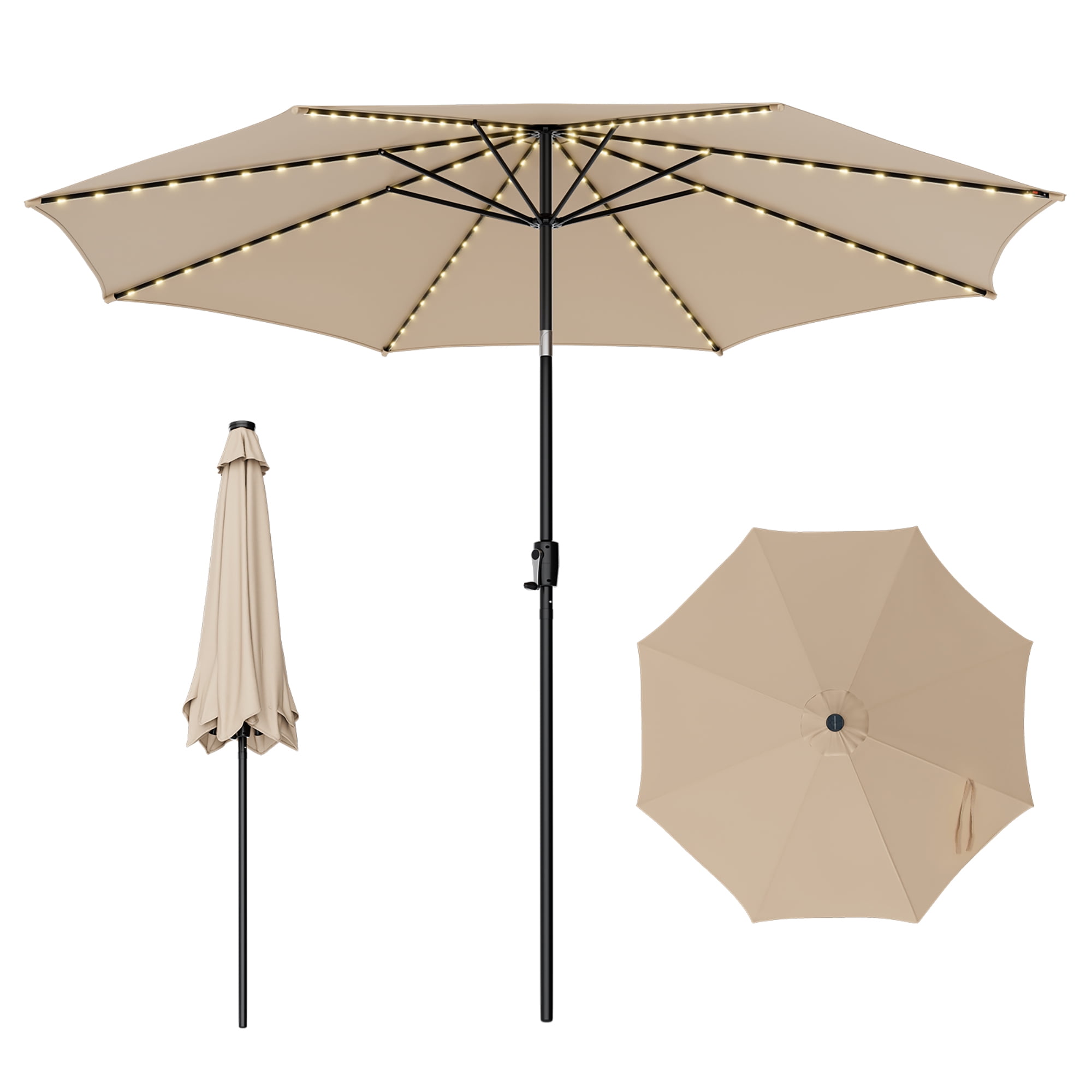 Gymax 10FT Solar Patio Umbrella 112 LED Lighted Umbrella Outdoor Table Market Umbrella Beige