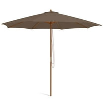 Gymax 10FT Wooden Market Table Umbrella Pulley Sunshade Canopy w/8 Bamboo Ribs Coffee