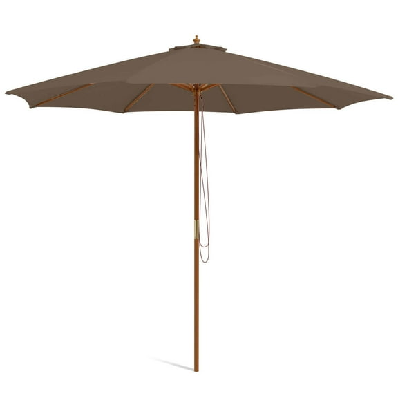 Gymax 10FT Wooden Market Table Umbrella Pulley Sunshade Canopy w/8 Bamboo Ribs Coffee