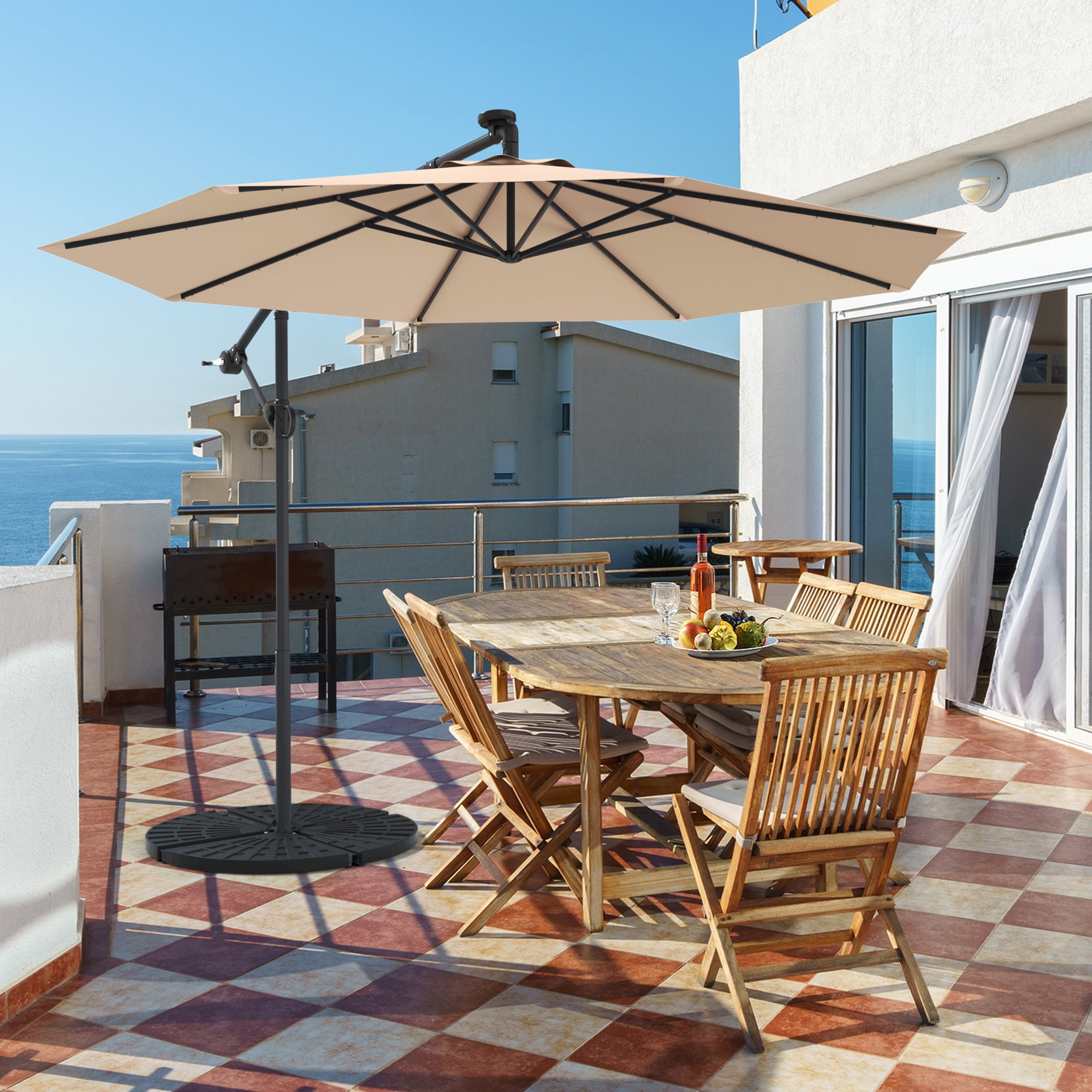 Gymax 10Ft Offset Hanging Umbrella Patio Outdoor w/ 32 Solar LED Lights Beige