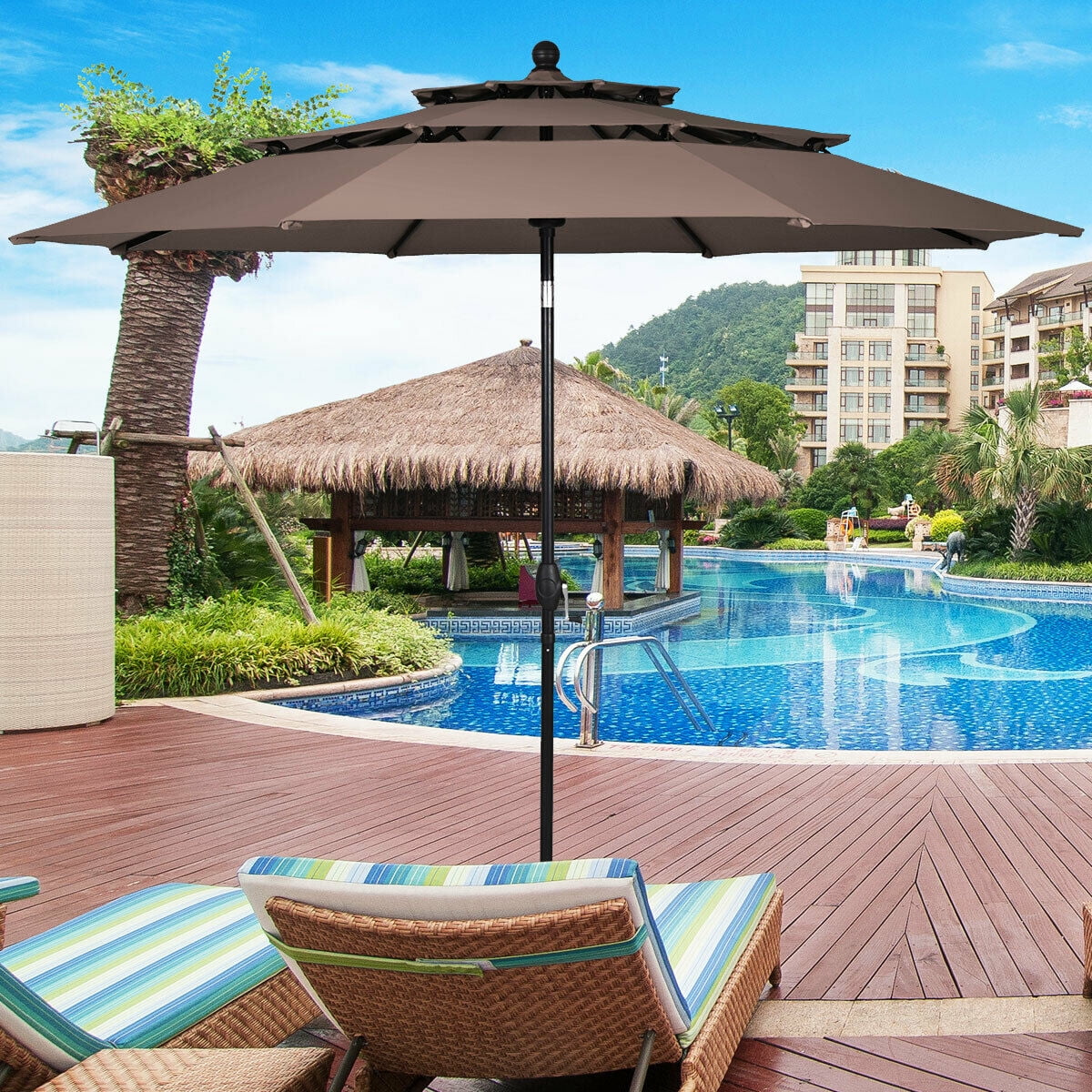 Gymax 10ft 3 Tier Patio Market Umbrella Aluminum Sunshade Shelter Double  Vented Tan