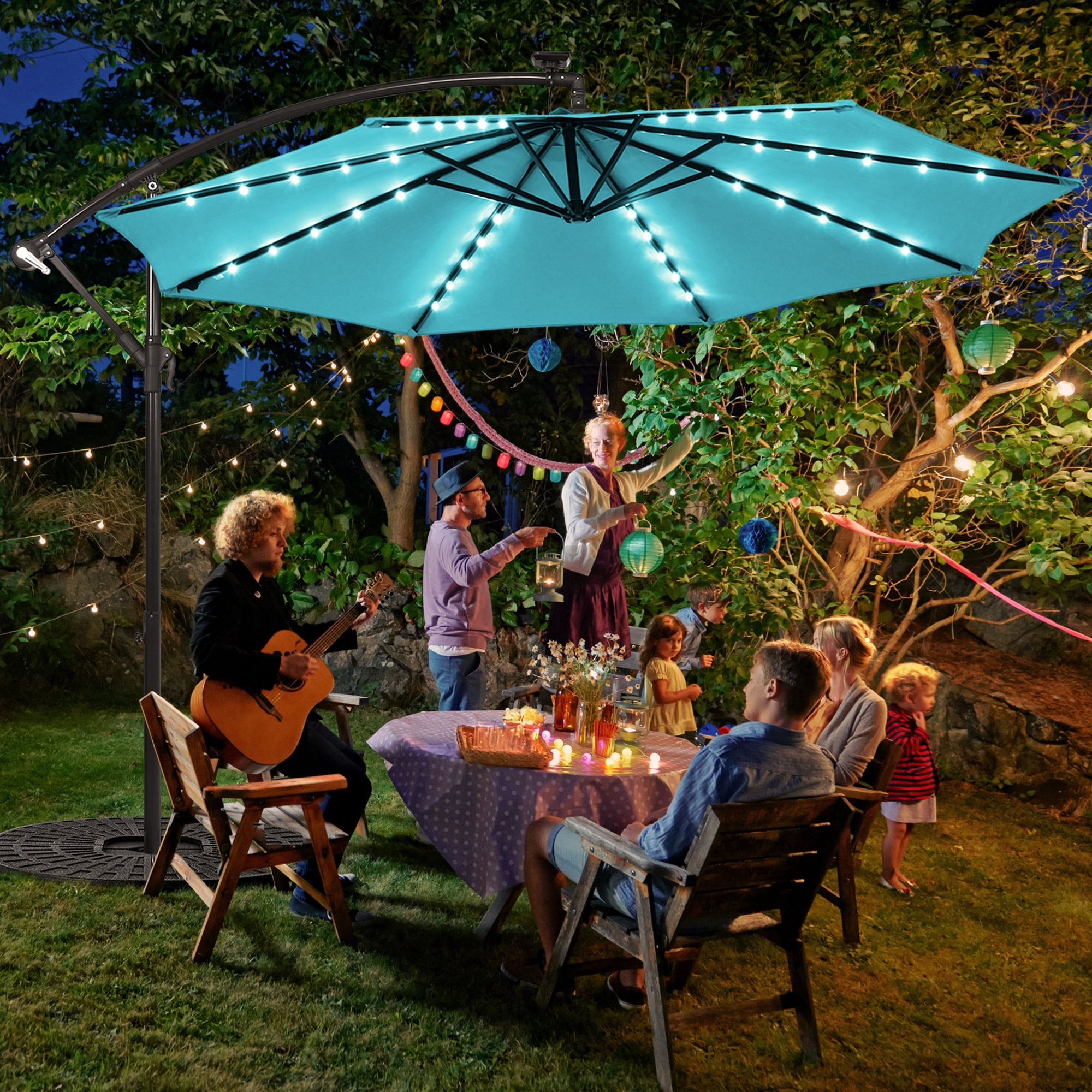Gymax 10ft Solar Patio Umbrella Outdoor Offset Hanging Umbrella w/ 40 LED Lights Turquoise