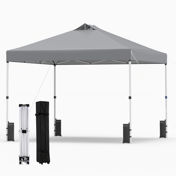 Gymax 10x10 FT Pop Up Canopy Tent 1-Person 1-Button Push Instant Setup Heavy Duty Frame Silver-Coated Top Portable Gazebo w/ 4 Sandbags Gray