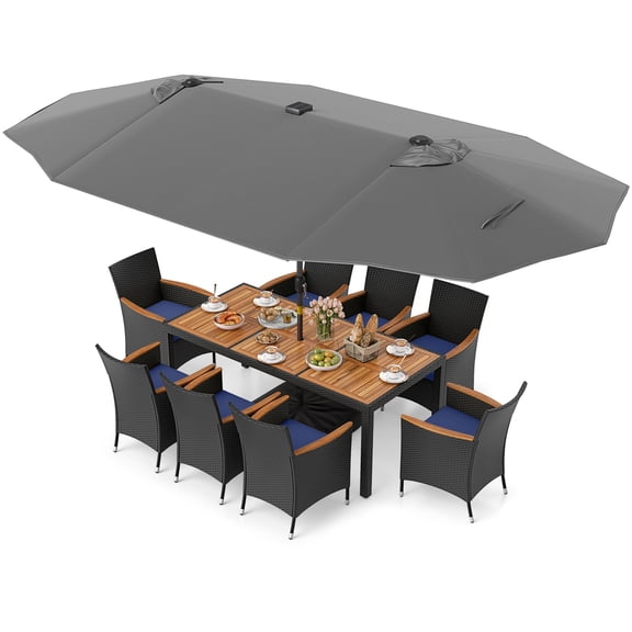 Gymax 11 PCS Patio Dining Set w/ 15ft Double-Sided Patio Umbrella (Base Included) Gray