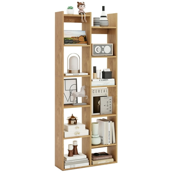 Gymax 11-Tier Bookcase w/Anti-Tipping Kits Wood Display Shelf Tree-Shaped Bookshelf Natural
