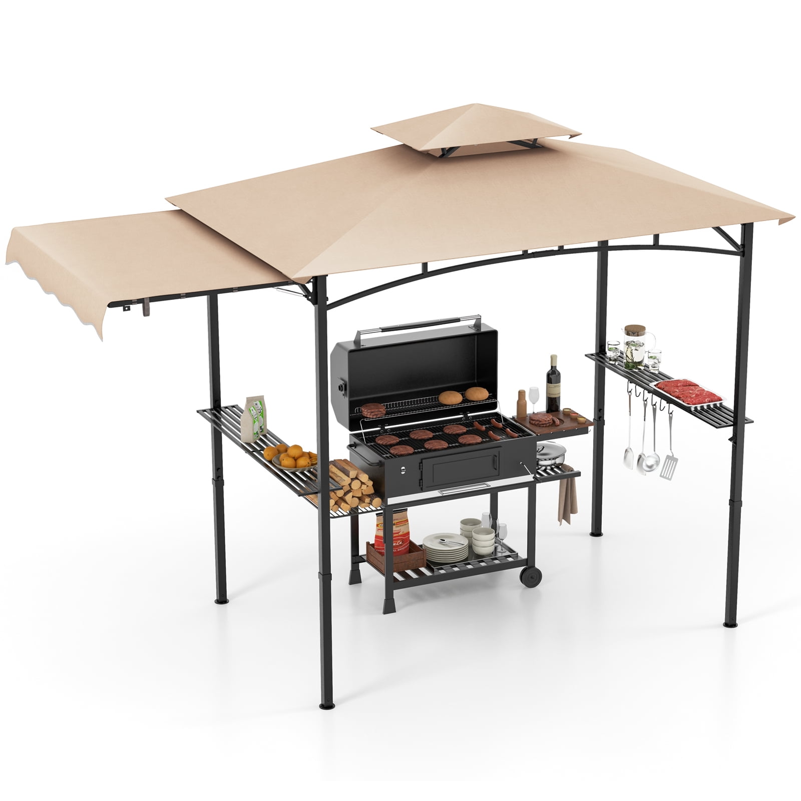 Gymax 11 x 5 FT Grill BBQ Gazebo w/ Side Awning Double-Tiered Top 2 Side Shelves Beige
