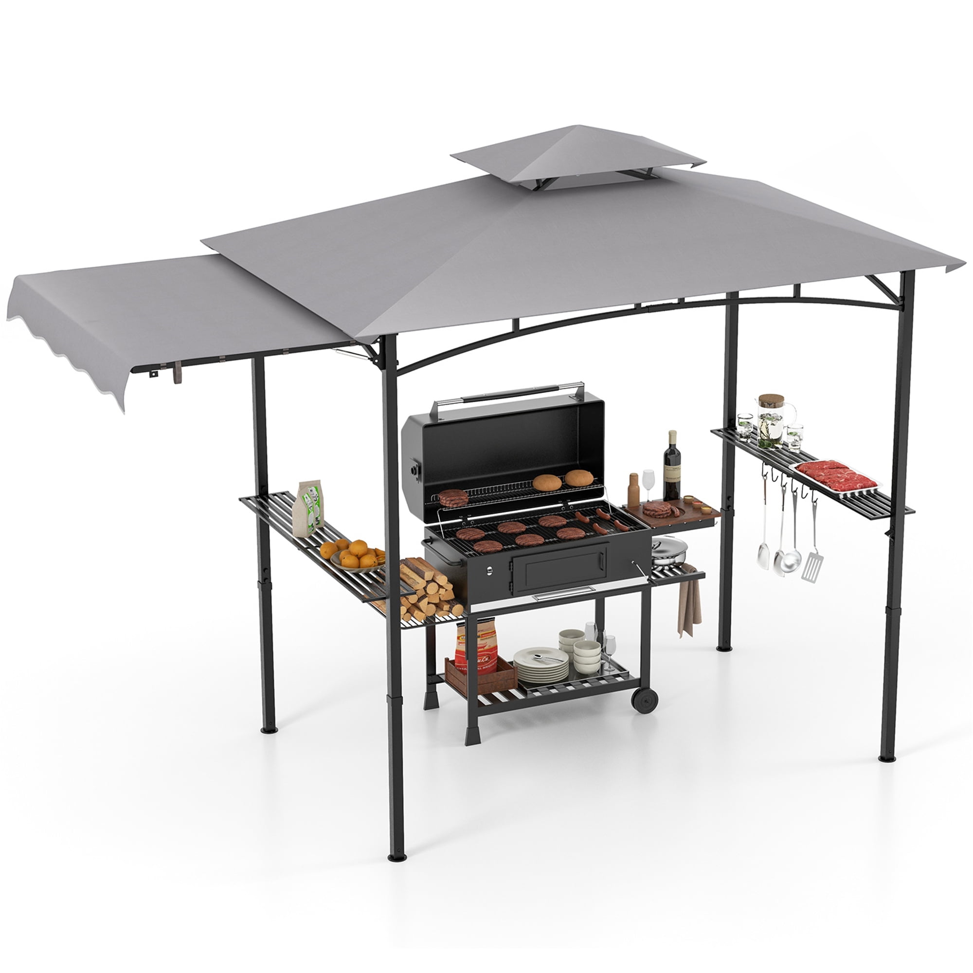 Gymax 11 x 5 FT Grill BBQ Gazebo w/ Side Awning Double-Tiered Top 2 Side Shelves