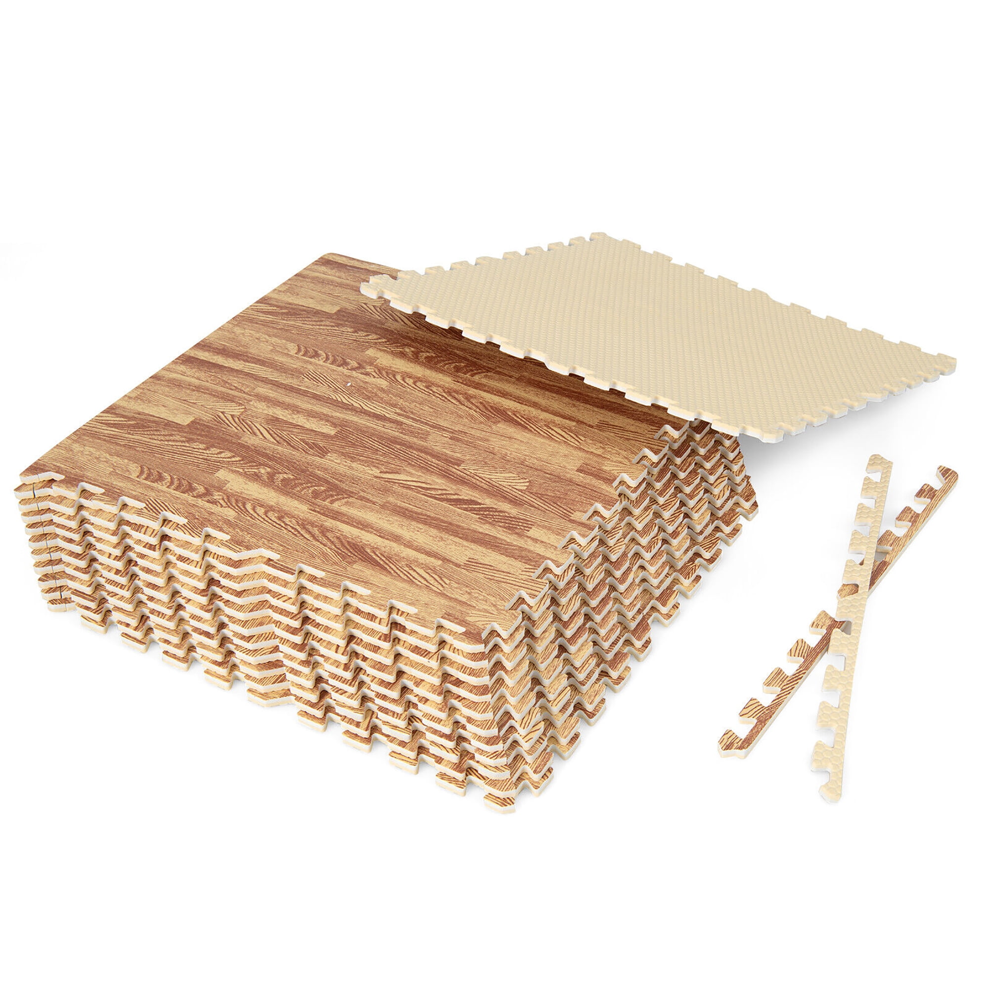 Gymax 12 Tiles Wood Grain EVA Foam Floor Mats Interlocking w/ Borders 24'' Natural