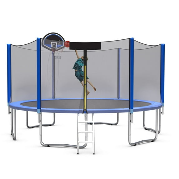Gymax 12 ft Trampoline w/ Safety Enclosure Net Ladder Basketball Hoop