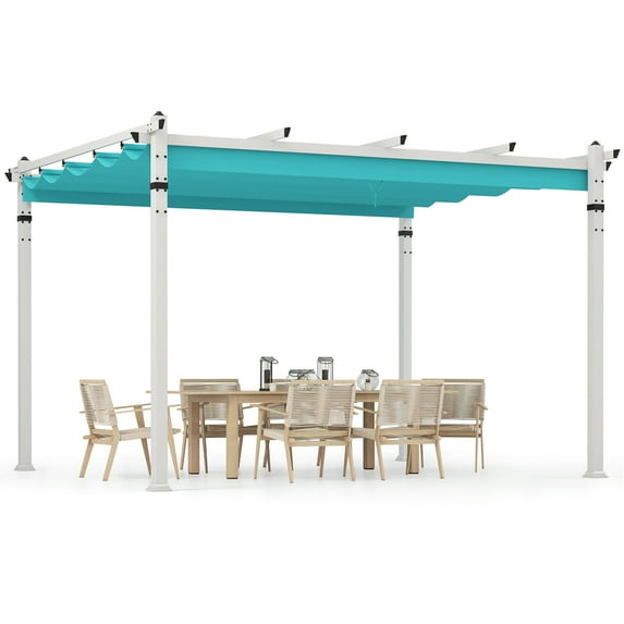 Gymax 12' x 10' Outdoor Pergola w/ Retractable Canopy Aluminum Frame Anchors Patio Turquoise