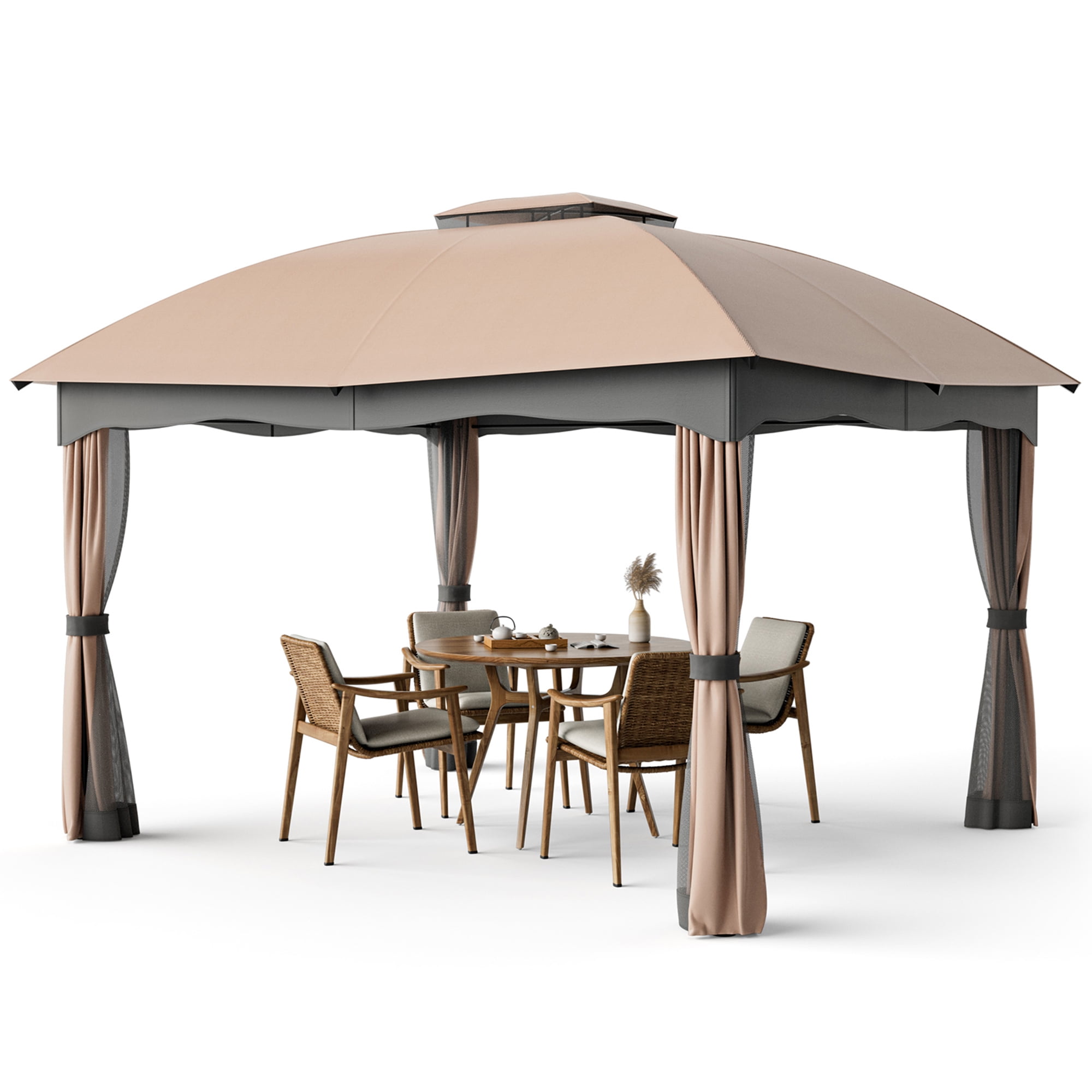 Gymax 12' x 10' Patio Gazebo, Steel Frame, Double Vented Canopy, Heavy Duty, Brown Roof, Black Frame