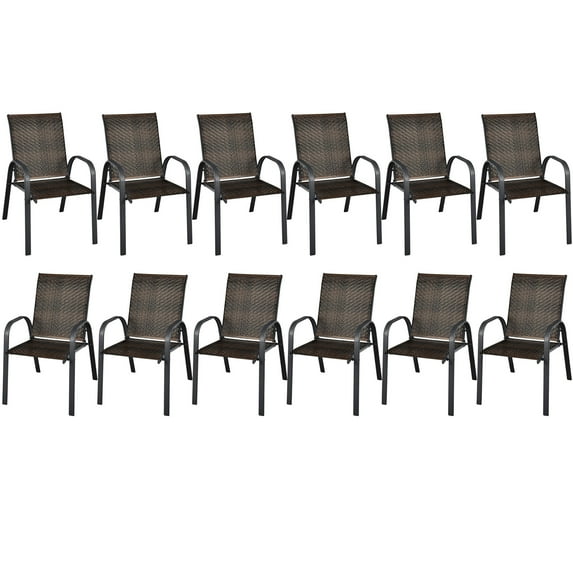 Gymax 12PCS Outdoor PE Wicker Stacking Dining Chairs Patio Arm Chairs Mix Brown