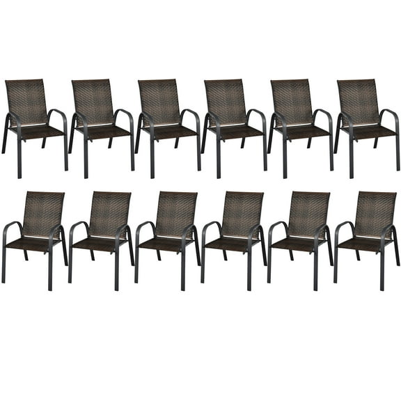 Gymax 12PCS Outdoor PE Wicker Stacking Dining Chairs Patio Arm Chairs Mix Brown