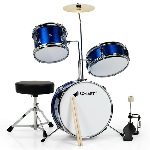 Gymax 13 Inch 3-Piece Kids Junior Beginner Drum Set w/Tom Snare Bass Drum Blue