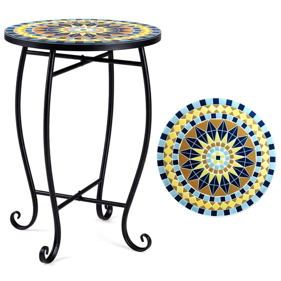 Gymax 14'' Coffee End Table Outdoor Side Table Bright Sunflower Mosaic Accent Tablee Yellow & Black