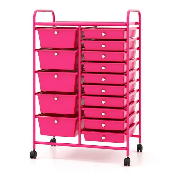 Gymax 15 Drawer Rolling Storage Cart Opaque Multicolor Drawers Home Organizer Mixed Hot Pink