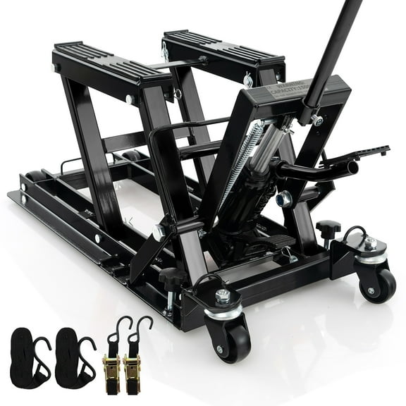Gymax 1500 LBS Motorcycle Lift Jack Hydraulic Motorcycle Hoist w/ 4 Wheels Footplates Black