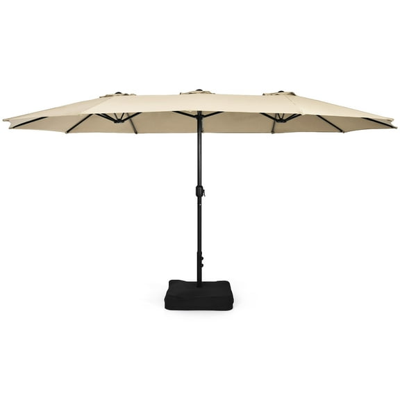 Gymax 15FT Outdoor Double-Sided Twin Patio Umbrella Sun Shade Crank Market Base Beige